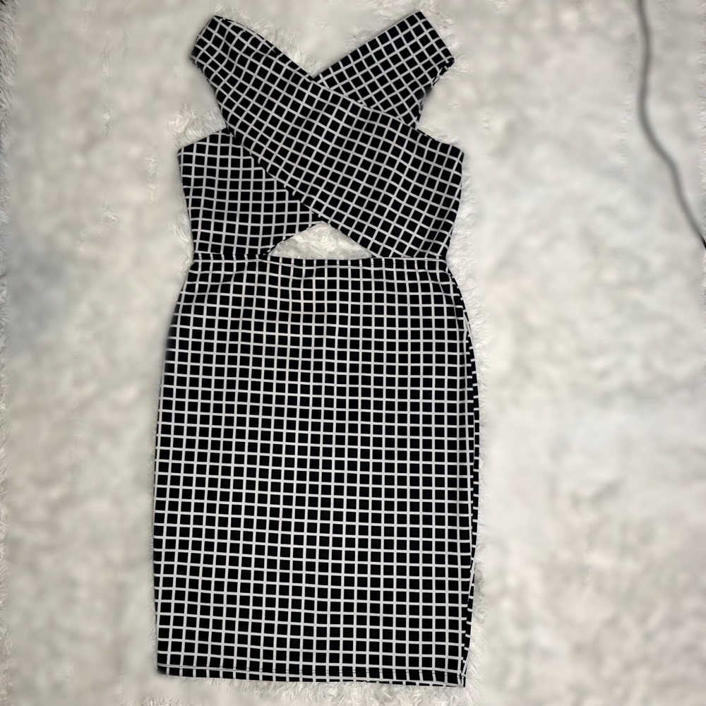 Black and white open front midi dress